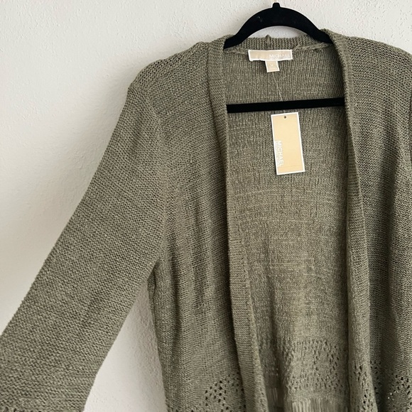 Michael Kors Army Green Knit Fringe Trim Open Cardigan, Size M - Picture 4 of 10